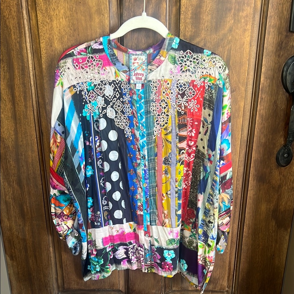 Johnny Was Eyelet Multicolor Patchwork Blouse - image 1